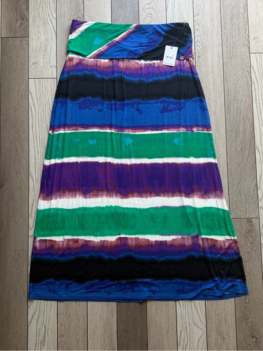 Calvin Klein Striped Fold-Over Waist Maxi Skirt in Green, Blue & Purple NWT L
